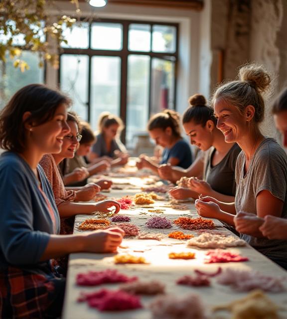 Equipo de diseñadores y artesanas de Lince Textil trabajando en el taller con fibras naturales